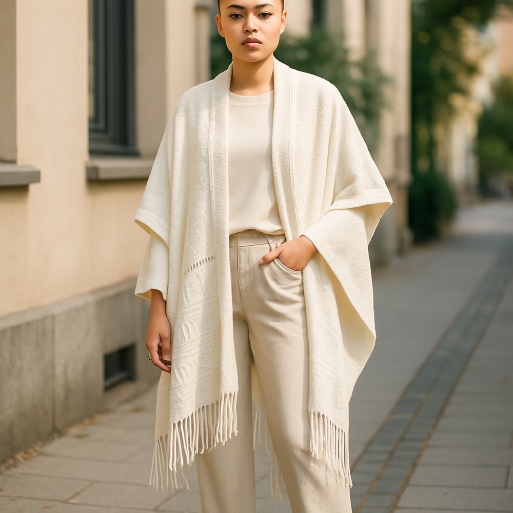 #44 Cream Knit Shawl with Fringe and Kimono Sleeves O/S NWOT